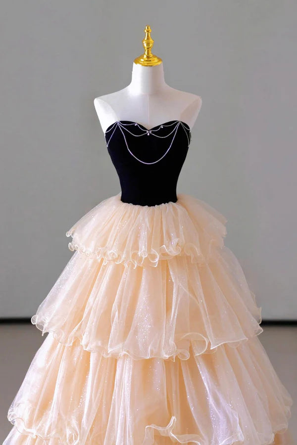 Wholesale Champagne Sweetheart Tulle Layers Long Party Dress Strapless A-Line Prom Dress